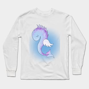 Sleepy purple seahorse on white and blue background. Design. Long Sleeve T-Shirt